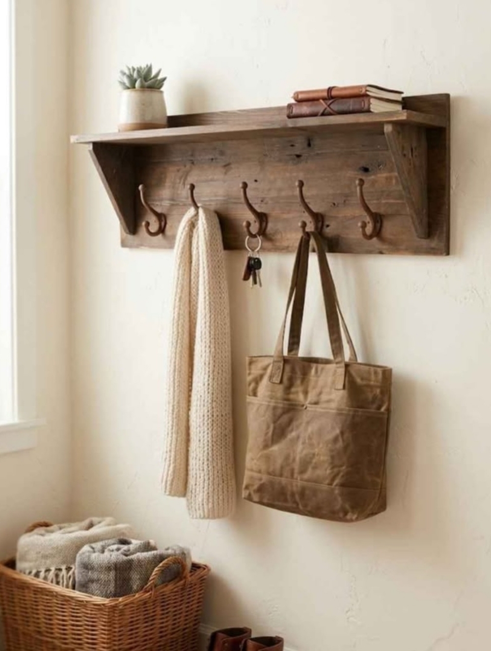 Wood Wall Shelf with Five Cast Iron Hooks - Classic Entryway Organizer